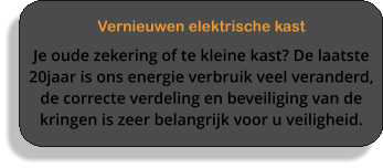 Vernieuwen elektrische kast Je oude zekering of te kleine kast? De laatste 20jaar is ons energie verbruik veel veranderd, de correcte verdeling en beveiliging van de kringen is zeer belangrijk voor u veiligheid.